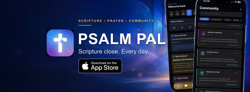 Psalm Pal Facebook cover with app icon, official App Store badge, and two iPhone product mockups